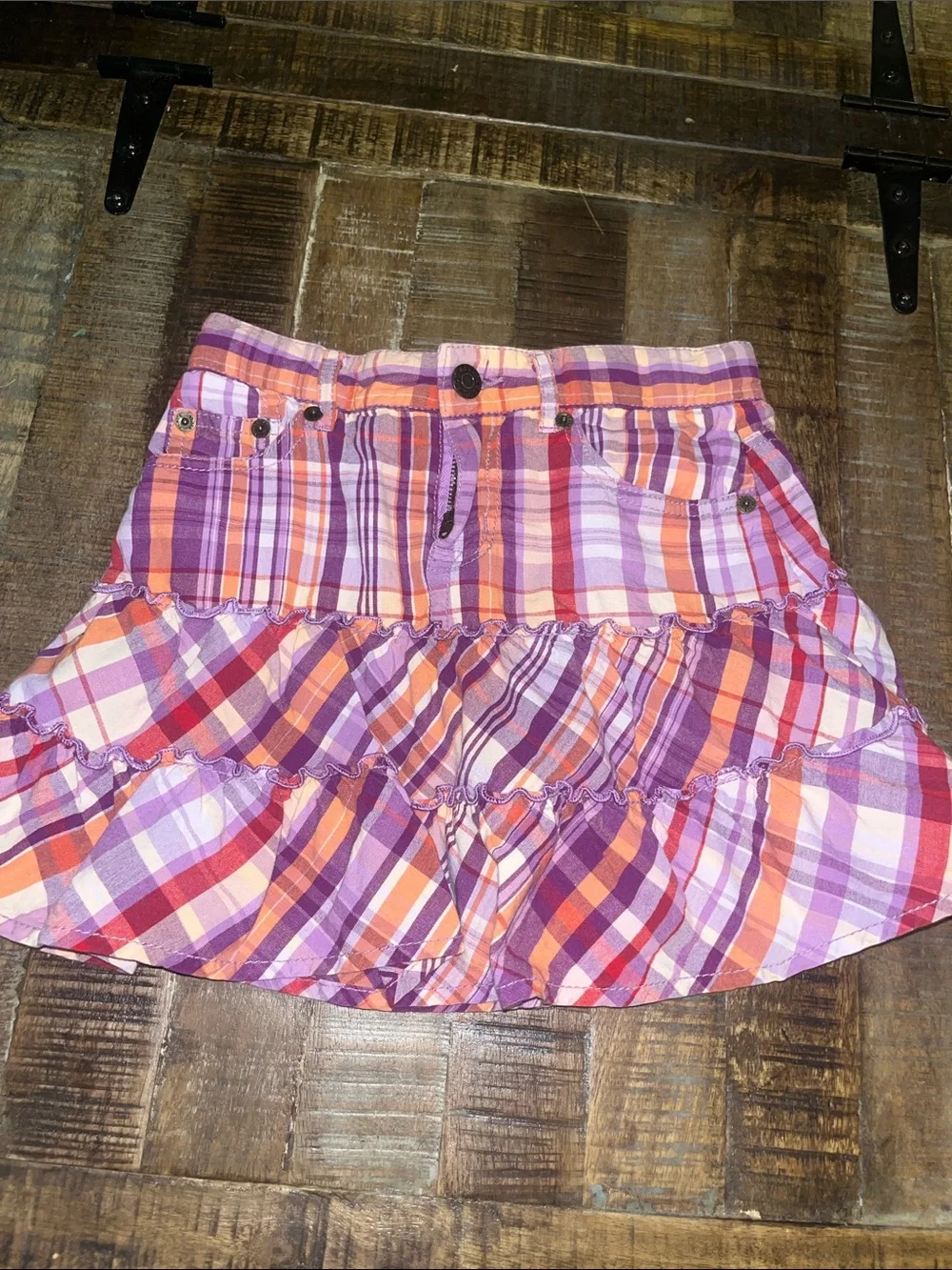 Place Peach Graphic Tee with Purple & Orange Plaid Ruffle Skirt